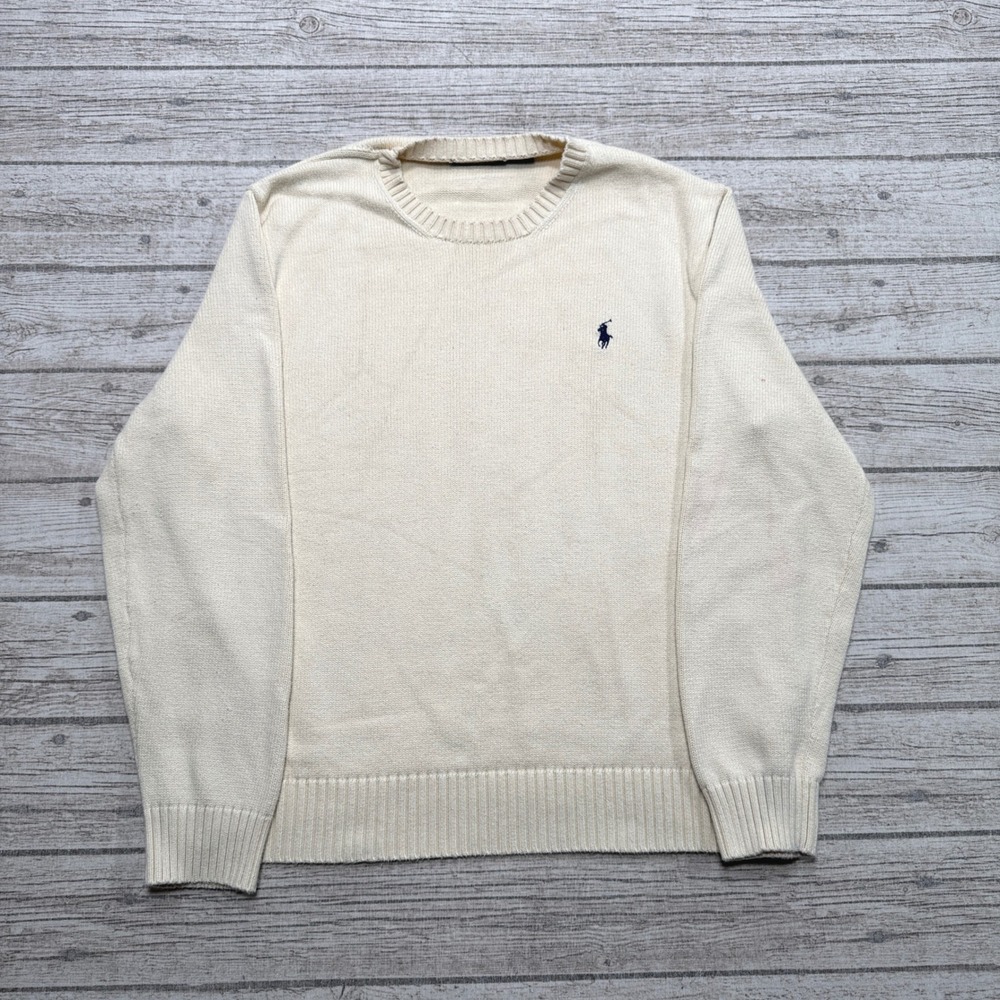 Polo Ralph Lauren Sweater Men's XL White Cotton Crewneck Knit Pullover Preppy
